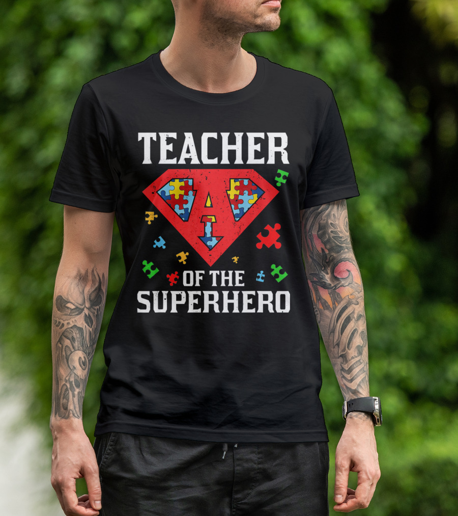 Teacher Of The Superhero With Puzzle Pieces Autism Awareness T-Shirt