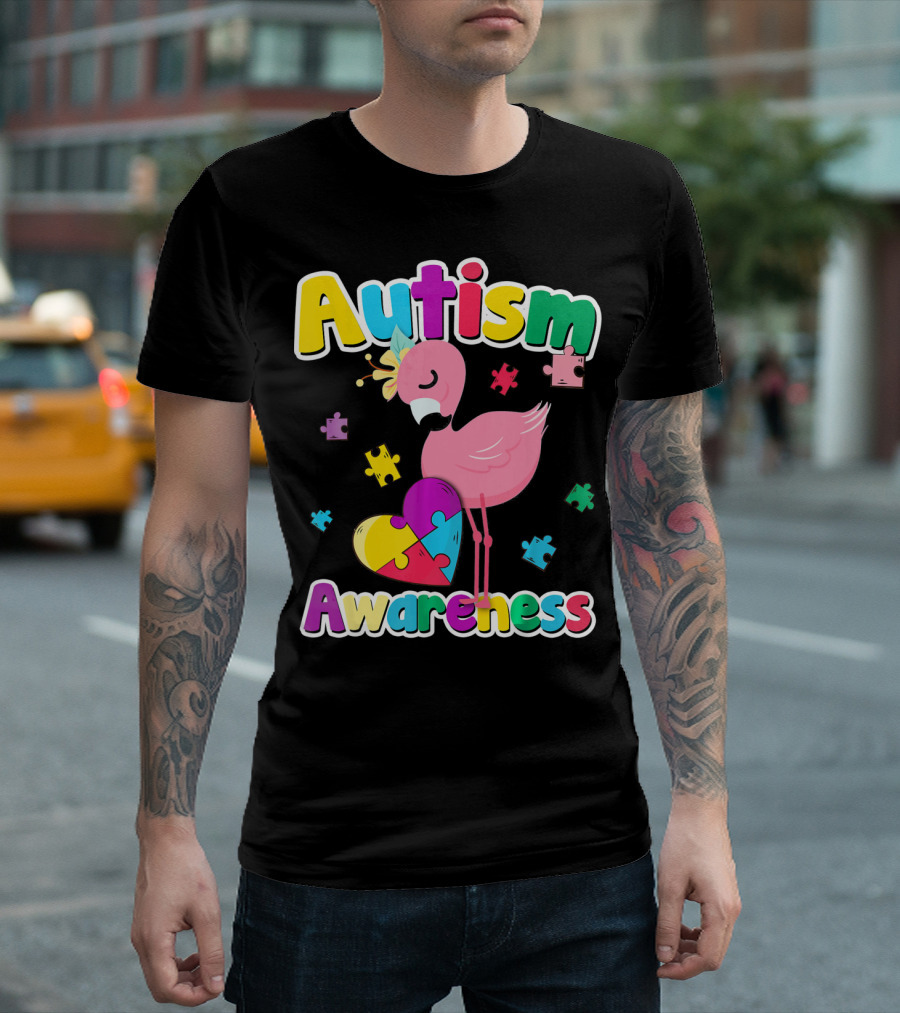 Autism Awareness Flamingo Heart Puzzle Pieces T-Shirt