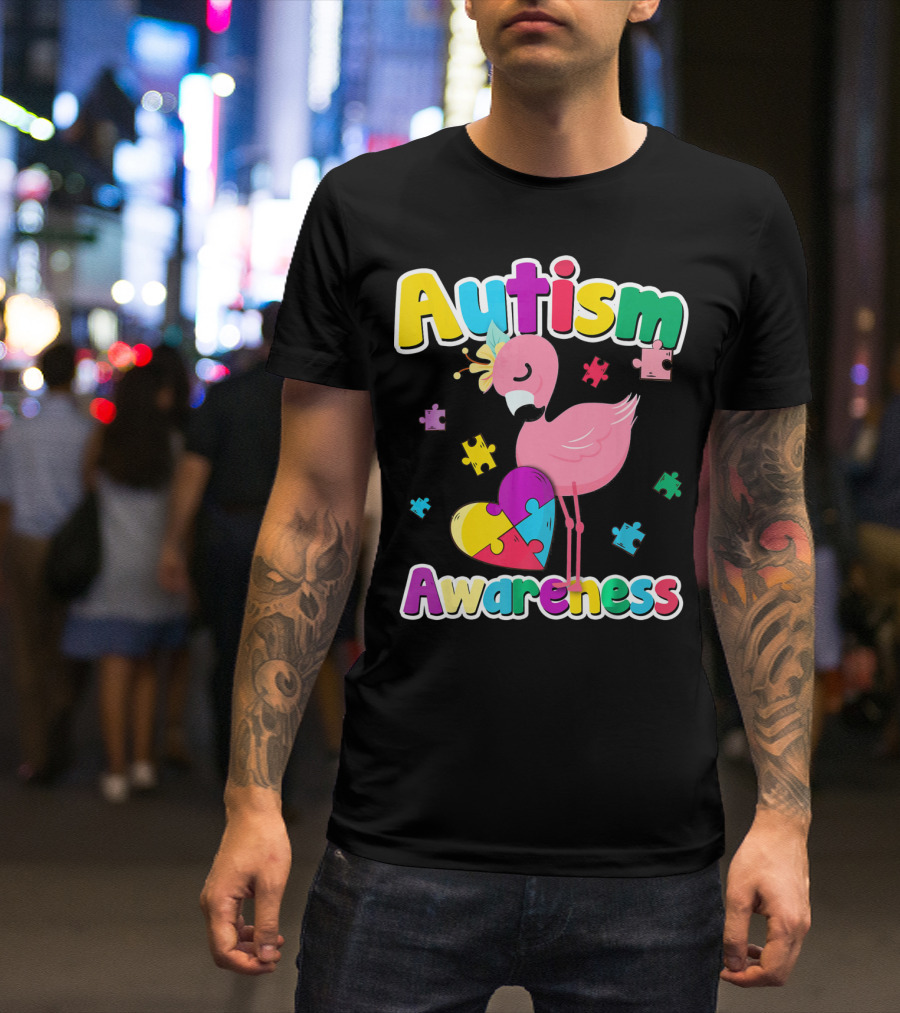 Autism Awareness Flamingo Heart Puzzle Pieces T-Shirt