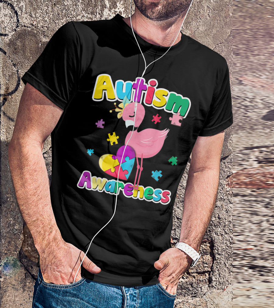 Autism Awareness Flamingo Heart Puzzle Pieces T-Shirt