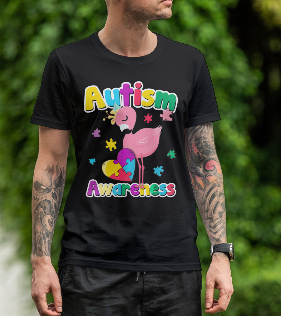 Autism Awareness Flamingo Heart Puzzle Pieces T-Shirt