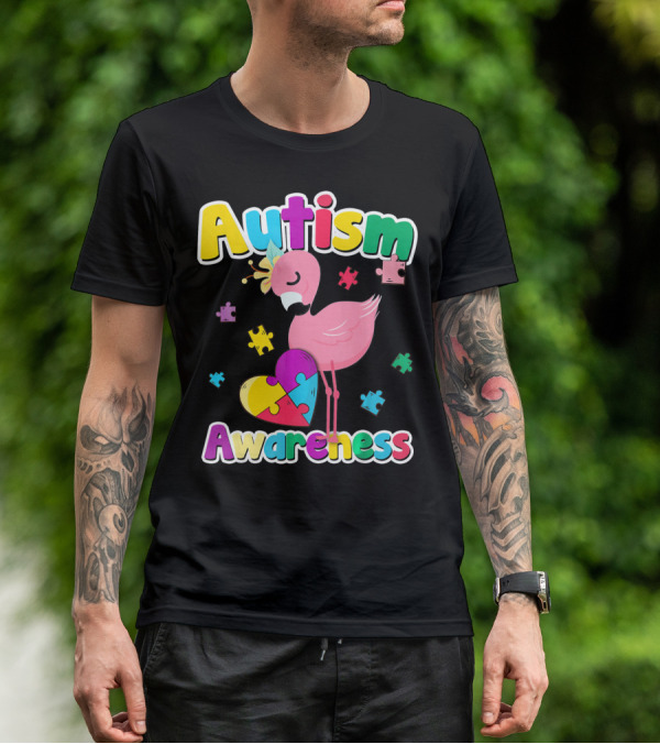 Autism Awareness Flamingo Heart Puzzle Pieces T-Shirt
