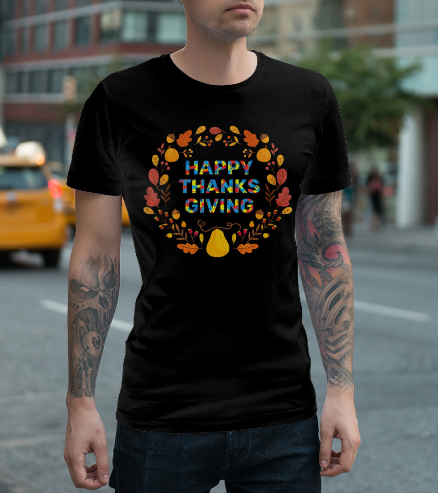 Happy Thanksgiving Day Autism Awareness Fall Leaves and Pumpkins T-Shirt