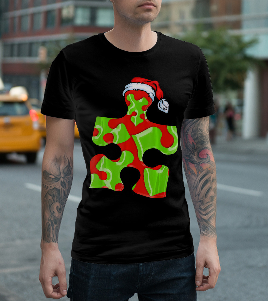 Puzzle Piece Santa Hat Red Green Autism Awareness T-Shirt