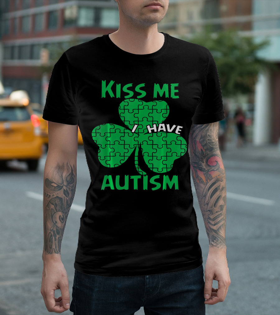 Kiss Me I Have Autism Awareness Shamrock Puzzle T-Shirt