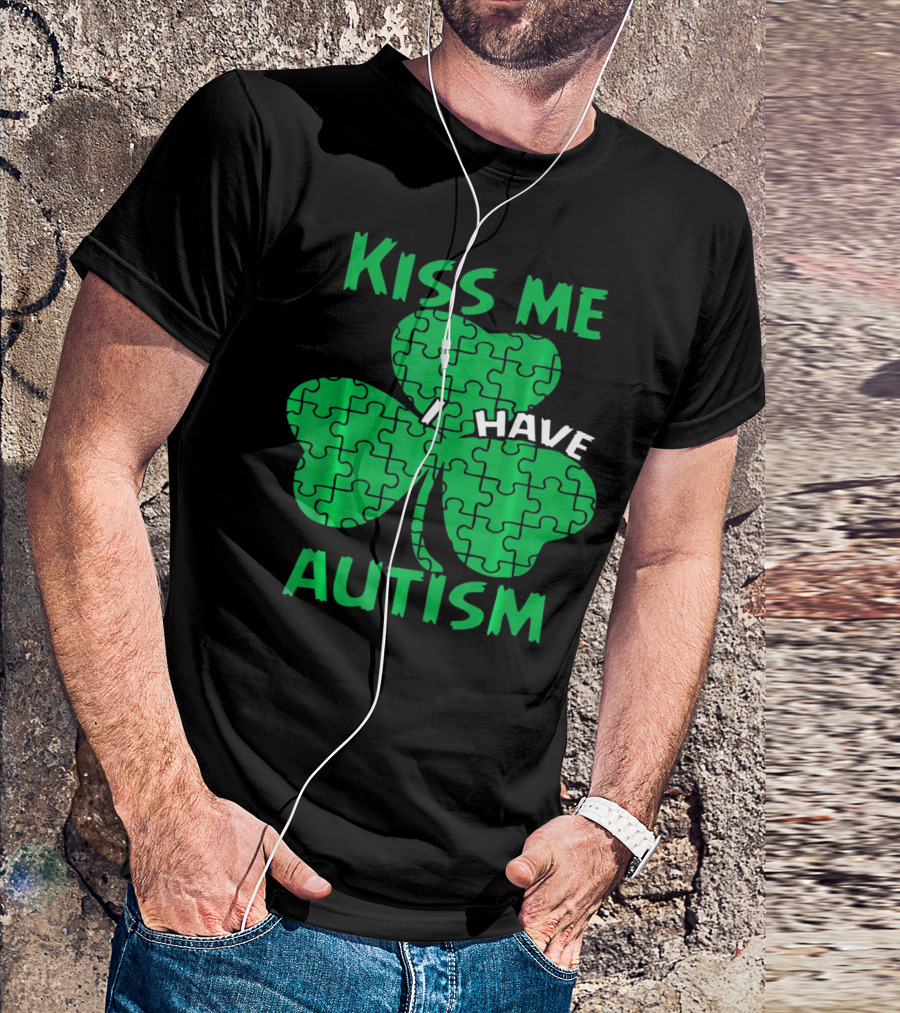 Kiss Me I Have Autism Awareness Shamrock Puzzle T-Shirt