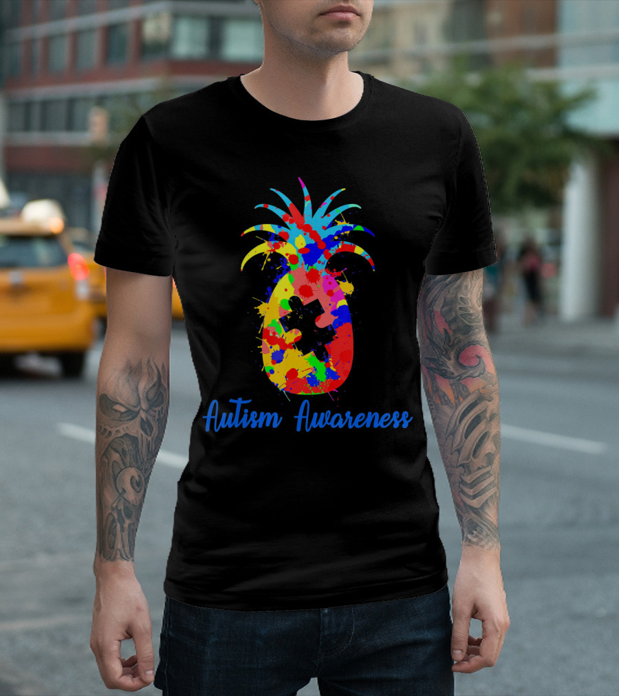 Pineapple Puzzle Piece Autism Awareness Colorful Paint Splatter T-Shirt