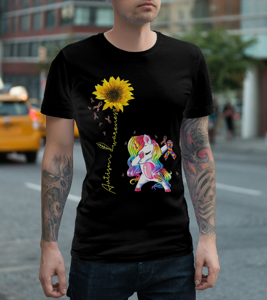 Autism Awareness Unicorn with Rainbow Ribbon Sunflower T-Shirt