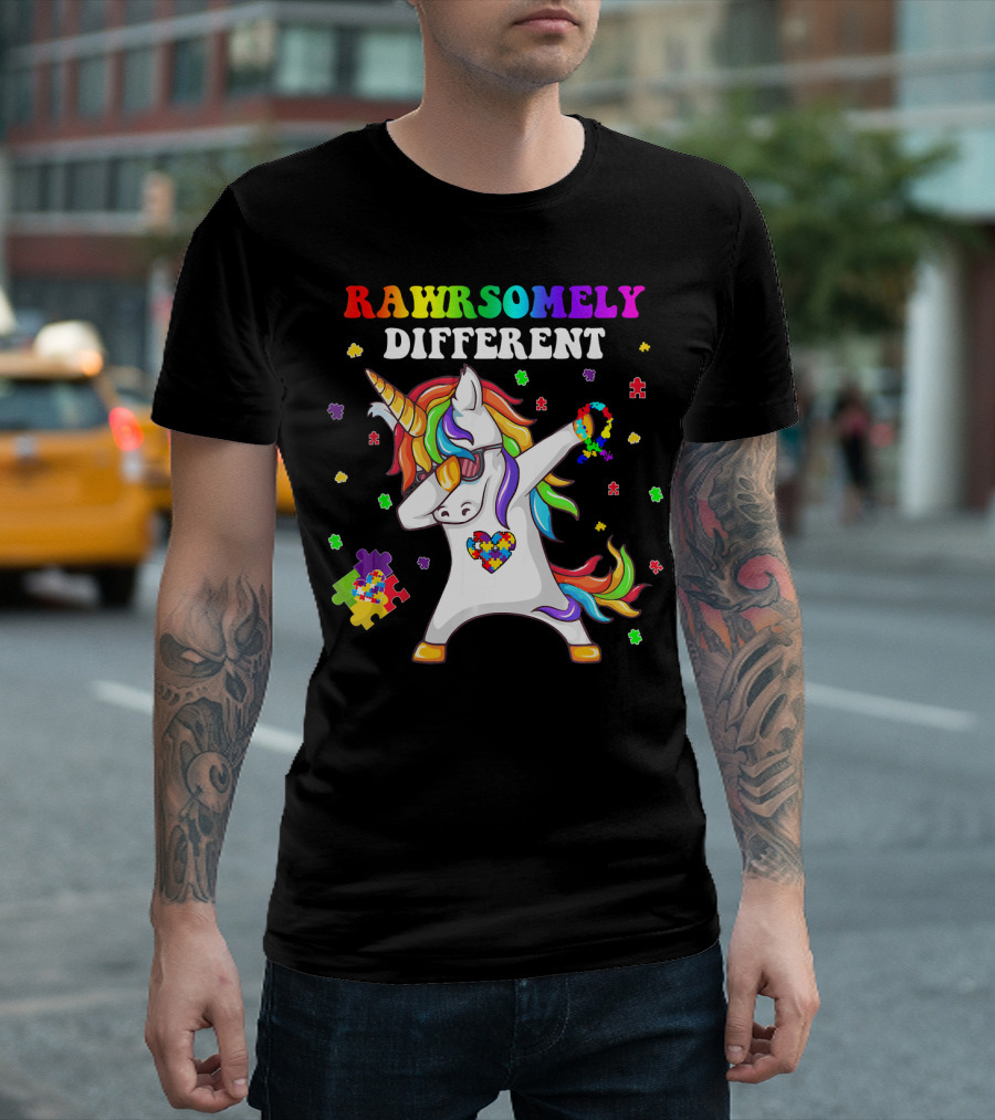 Rawrsomely Different Unicorn Autism Awareness Puzzle Pieces Dabbing T-Shirt