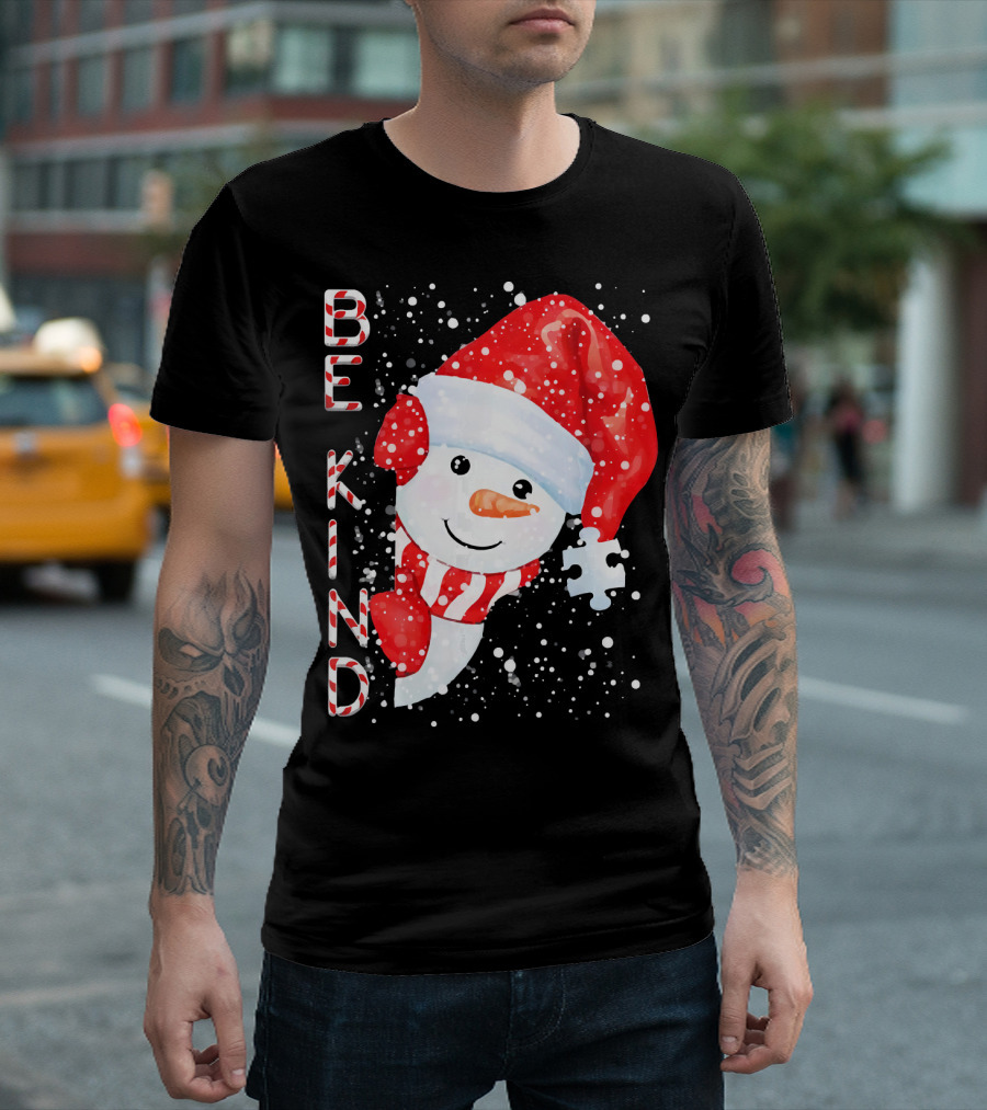 Be Kind Snowman Santa Hat Autism Puzzle Piece Holiday T-Shirt
