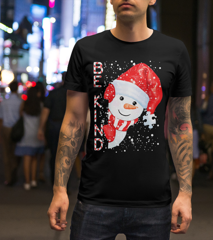 Be Kind Snowman Santa Hat Autism Puzzle Piece Holiday T-Shirt