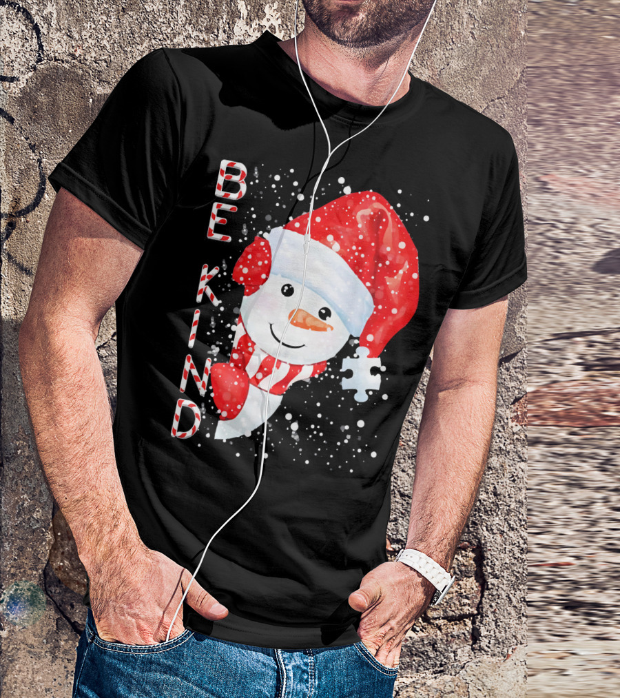 Be Kind Snowman Santa Hat Autism Puzzle Piece Holiday T-Shirt