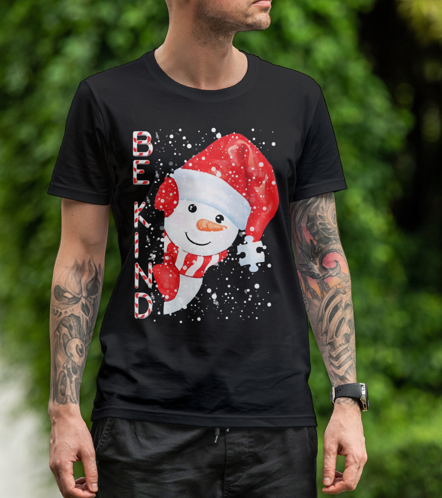 Be Kind Snowman Santa Hat Autism Puzzle Piece Holiday T-Shirt