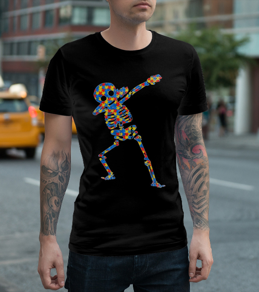 Halloween Autism Skeleton Dabbing Puzzle Pattern Awareness T-Shirt