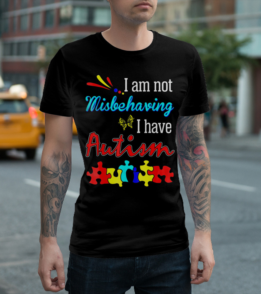 I Am Not Misbehaving I Have Autism Awareness With Colorful Puzzle Pieces And Butterfly T-Shirt