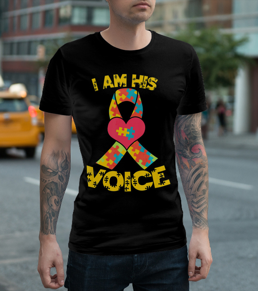 I Am His Voice Autism Awareness Puzzle Ribbon Heart T-Shirt