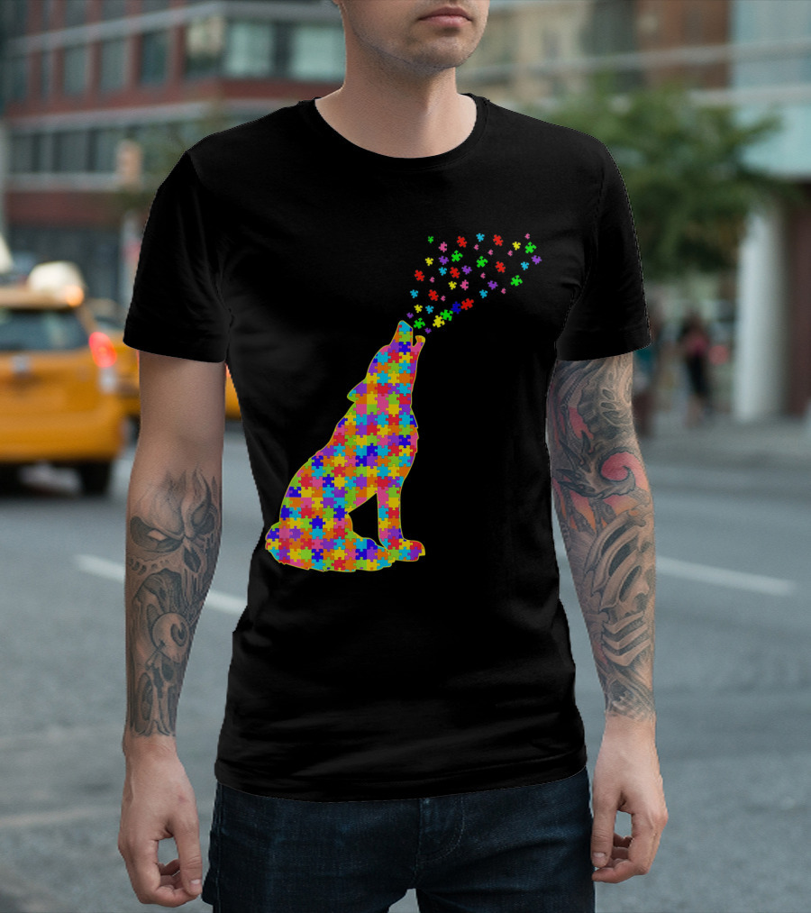 Wolf Puzzle Autism Awareness Puzzle Pieces T-Shirt