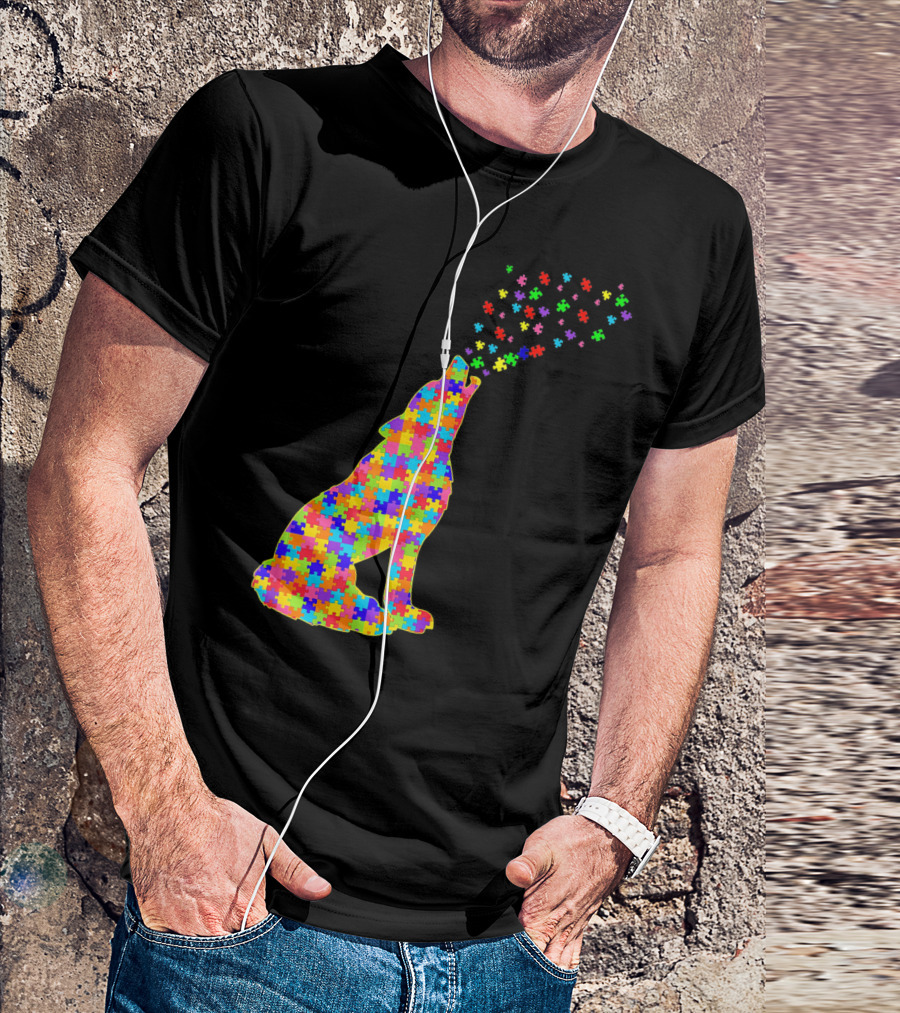 Wolf Puzzle Autism Awareness Puzzle Pieces T-Shirt