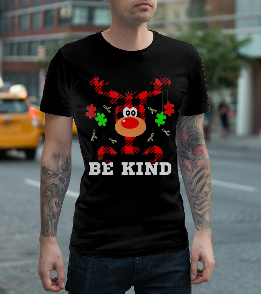 Be Kind Autism Awareness Christmas Reindeer Puzzle Pieces T-Shirt