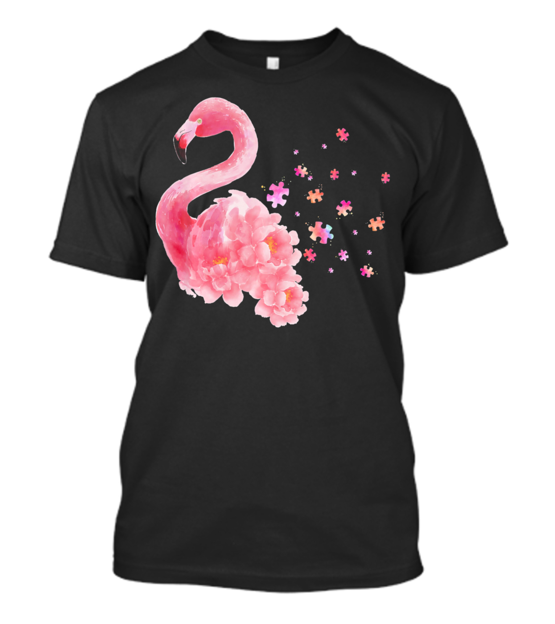 Flamingo Puzzle Autism Awareness Floral Elements T-Shirt