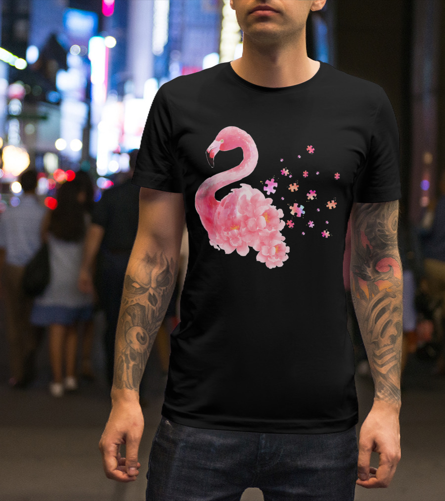 Flamingo Puzzle Autism Awareness Floral Elements T-Shirt