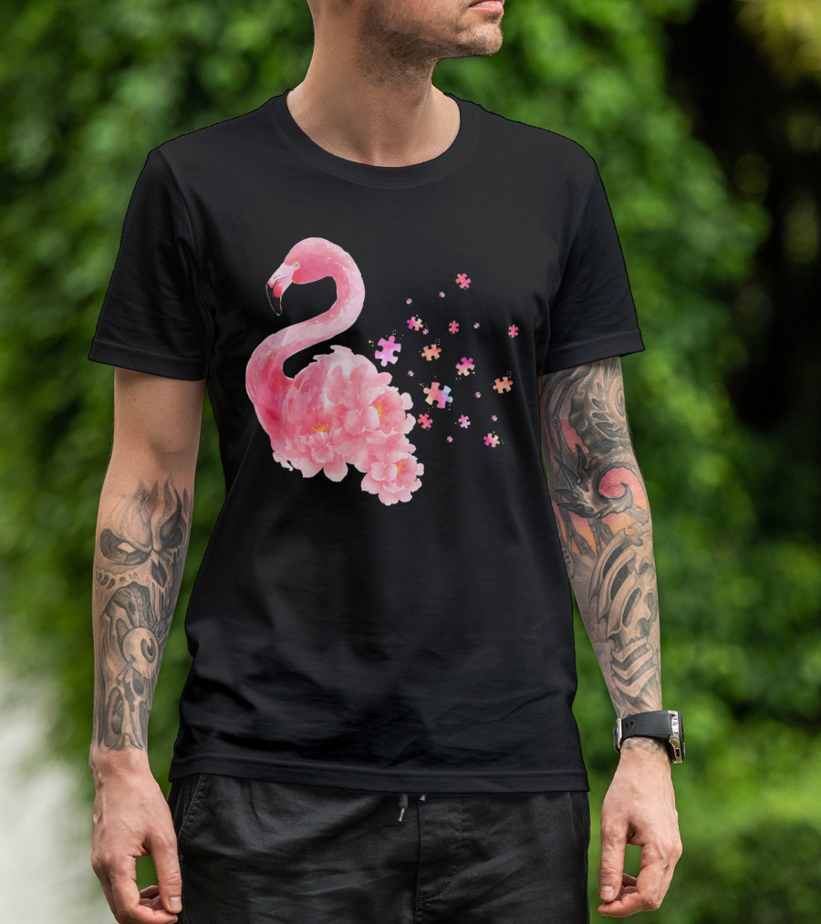 Flamingo Puzzle Autism Awareness Floral Elements T-Shirt