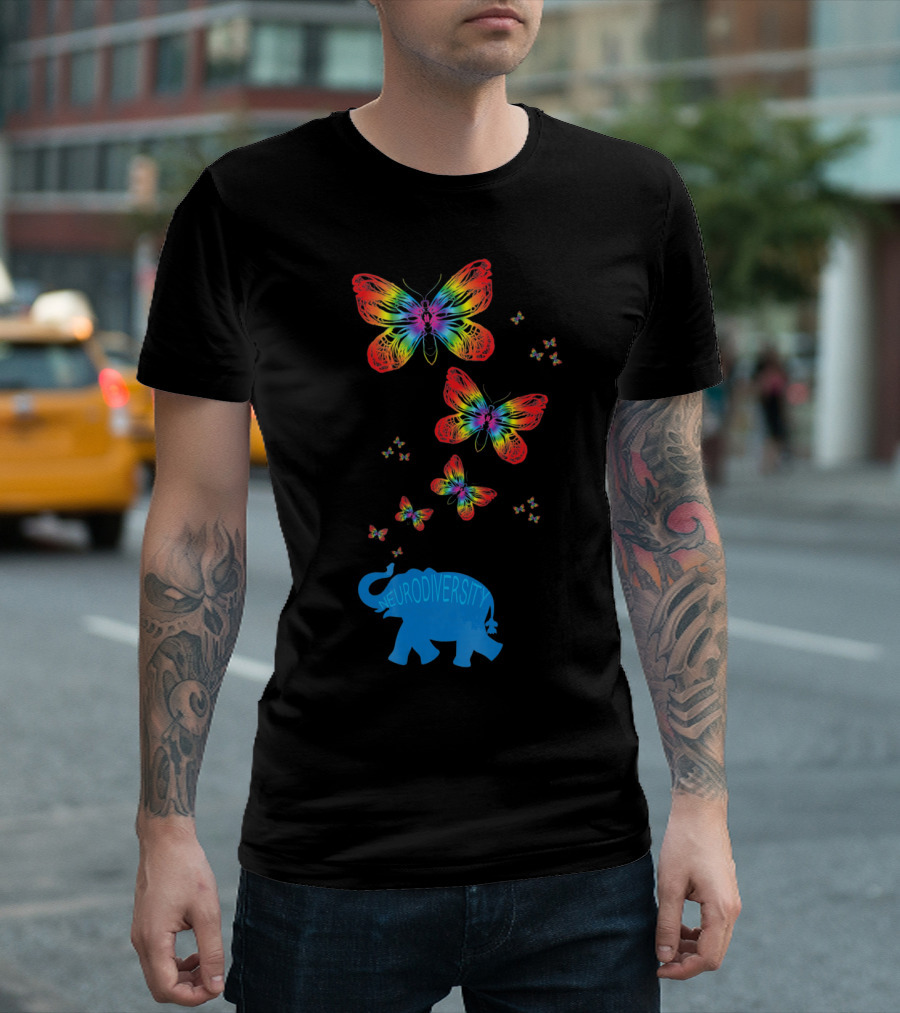 Neurodiversity Autism Elephant With Rainbow Butterflies T-Shirt