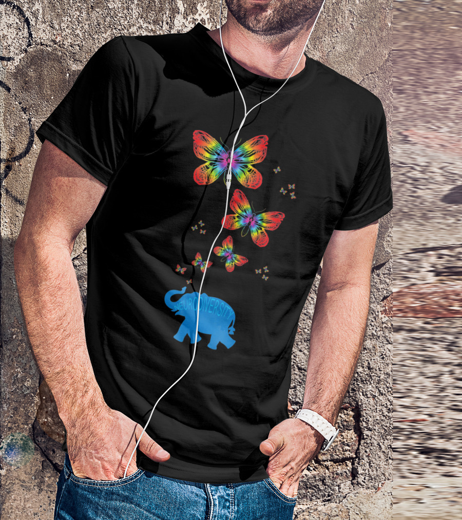 Neurodiversity Autism Elephant With Rainbow Butterflies T-Shirt