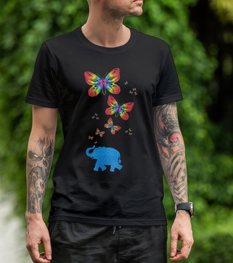 Neurodiversity Autism Elephant With Rainbow Butterflies T-Shirt