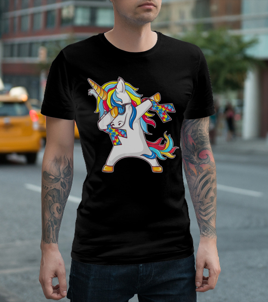 Autism Awareness Unicorn with Colorful Puzzle Dabbing Pose T-Shirt