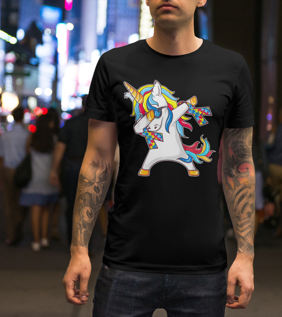 Autism Awareness Unicorn With Colorful Puzzle Dabbing Pose T-Shirt