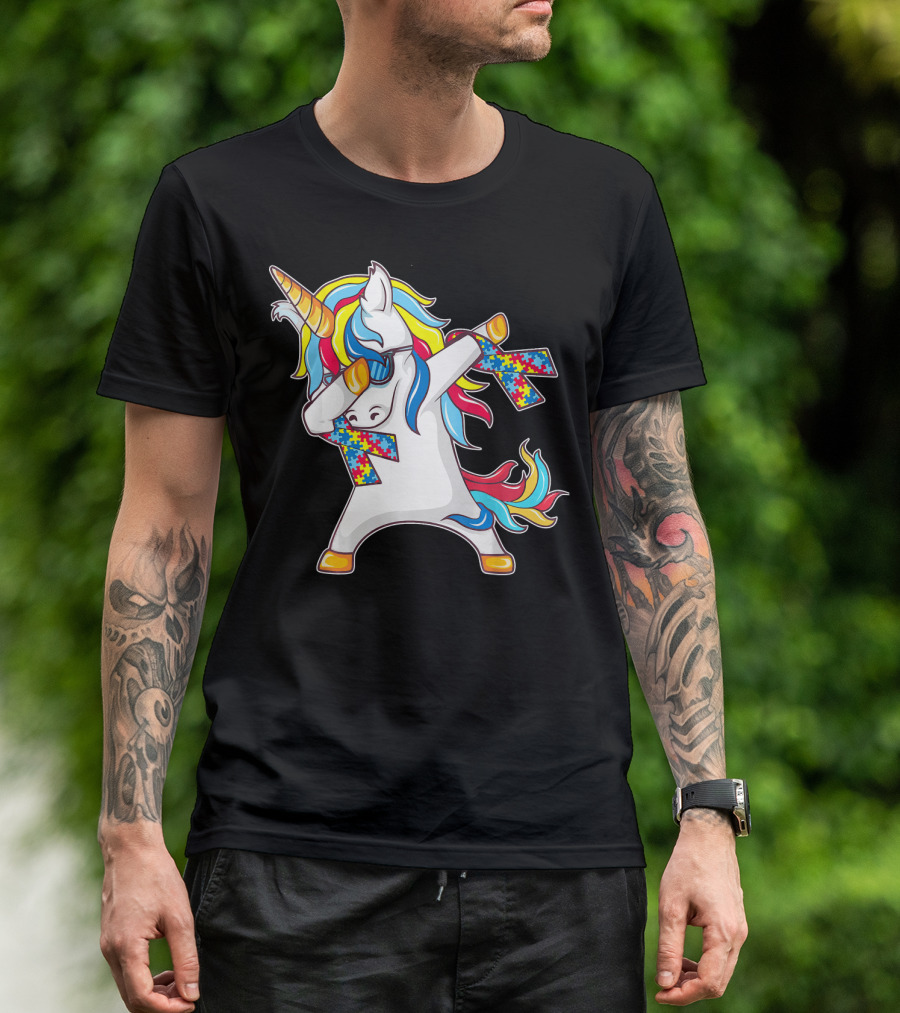 Autism Awareness Unicorn With Colorful Puzzle Dabbing Pose T-Shirt