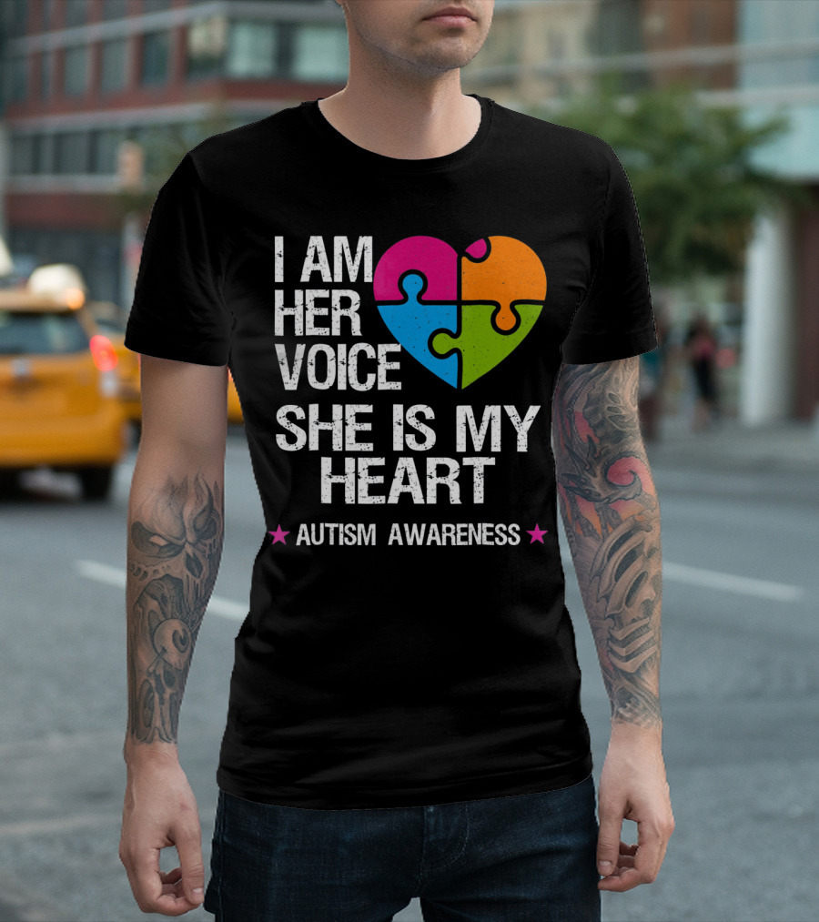 I Am Her Voice She Is My Heart Autism Awareness Puzzle Heart T-Shirt
