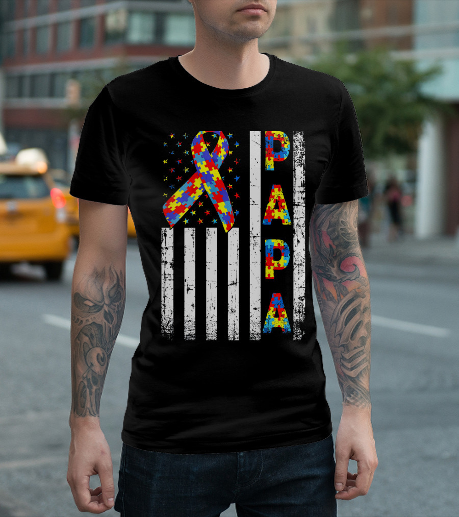 Papa Autism Awareness Puzzle Ribbon USA Flag T-Shirt