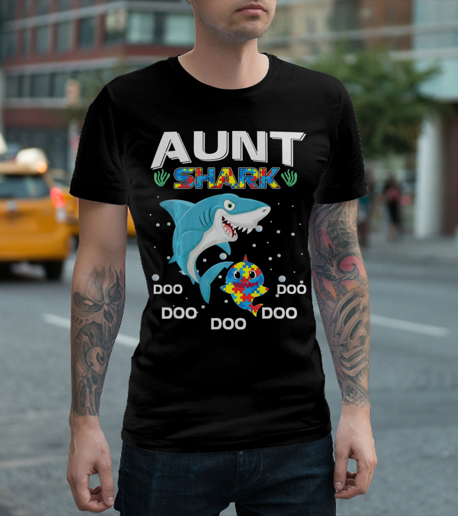 Aunt Shark Doo Doo Autism Awareness Puzzle Piece T-Shirt