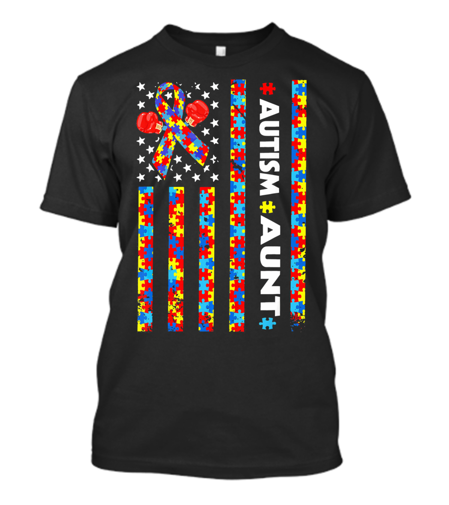 Autism Awareness Aunt American Flag Puzzle Ribbon And Boxing Gloves T-Shirt