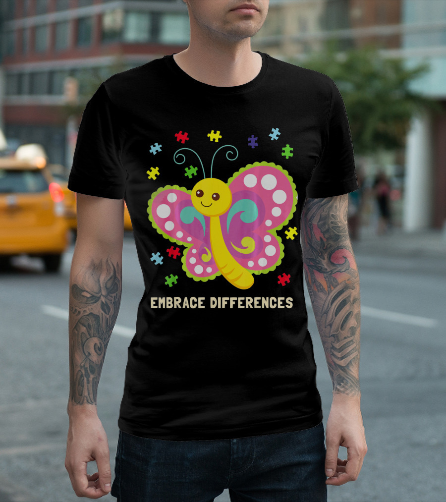 Embrace Differences Autism Awareness Boy Girl Butterfly Puzzle Pieces T-Shirt