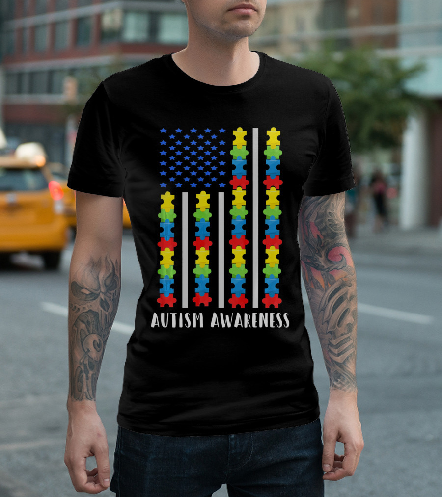 Autism Awareness Puzzle Piece USA Flag T-Shirt