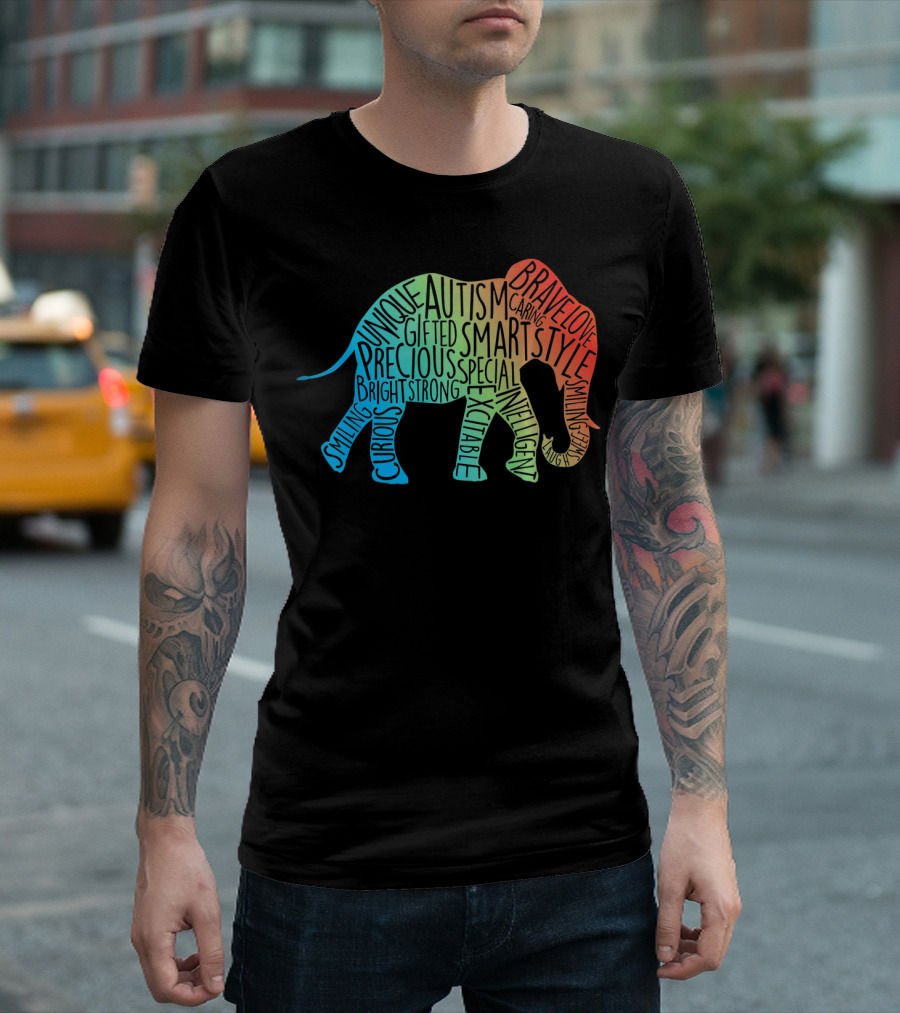 Autism Awareness Elephant Collage Brave Unique Precious Bright Smart Strong T-Shirt