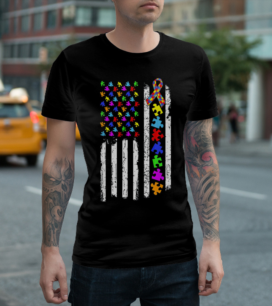Autism Awareness Puzzle Pieces American Flag T-Shirt