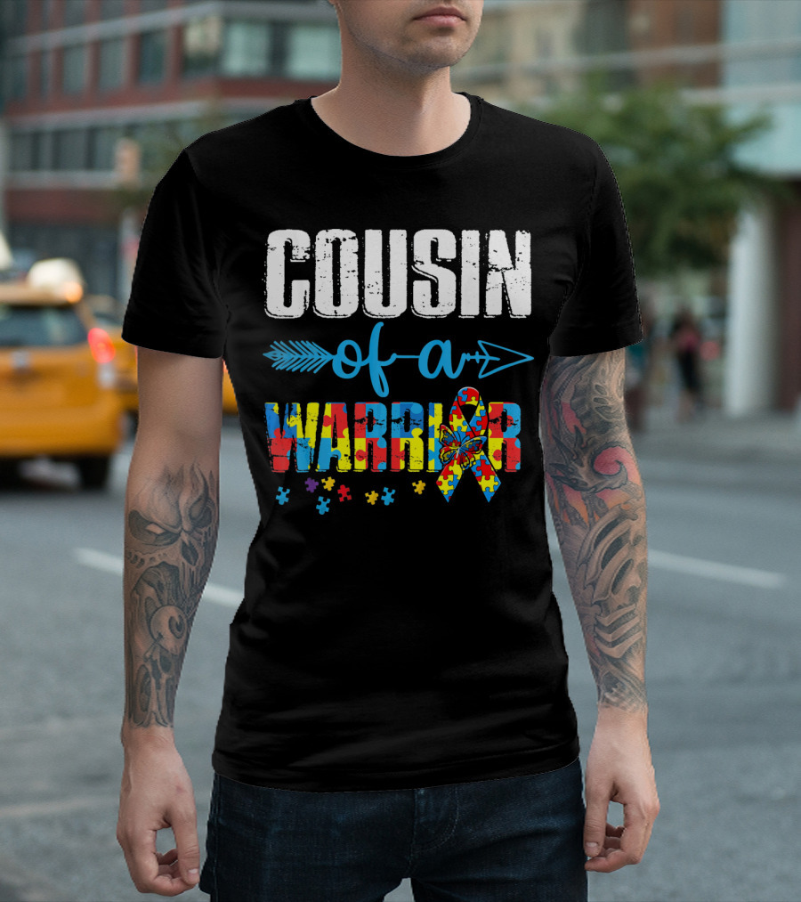 Cousin Of A Warrior Autism Awareness Puzzle Ribbon Butterfly T-Shirt