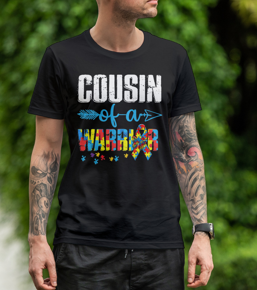 Cousin Of A Warrior Autism Awareness Puzzle Ribbon Butterfly T-Shirt