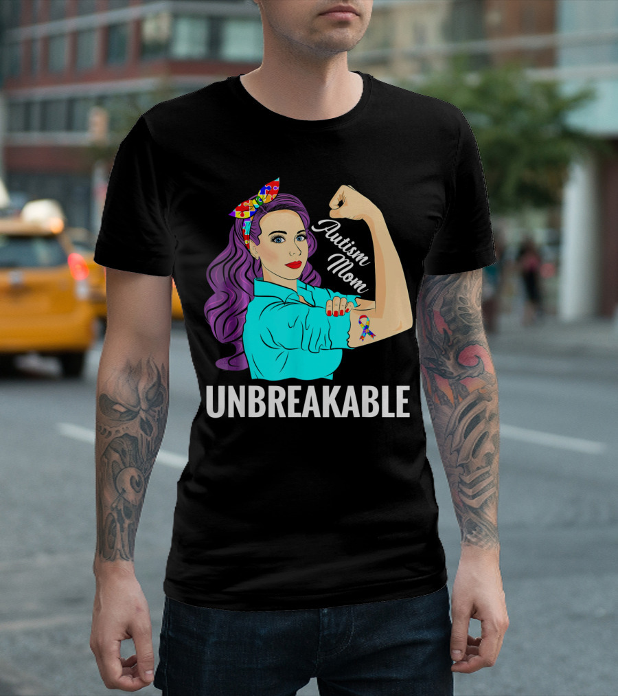 Autism Mom Unbreakable Awareness Rosie the Riveter with Puzzle T-Shirt