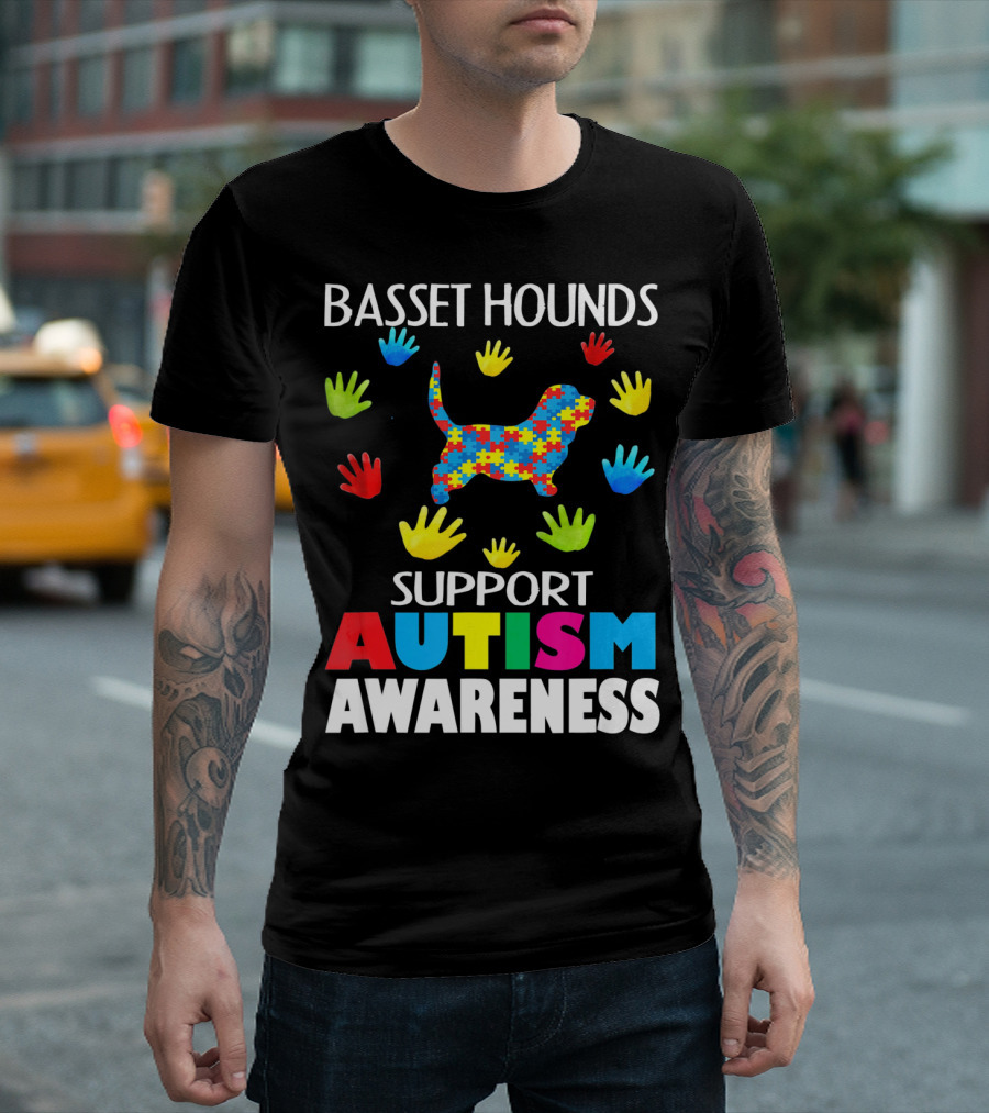 Basset Hounds Support Autism Awareness Puzzle Pattern Hands T-Shirt