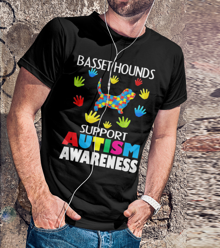 Basset Hounds Support Autism Awareness Puzzle Pattern Hands T-Shirt