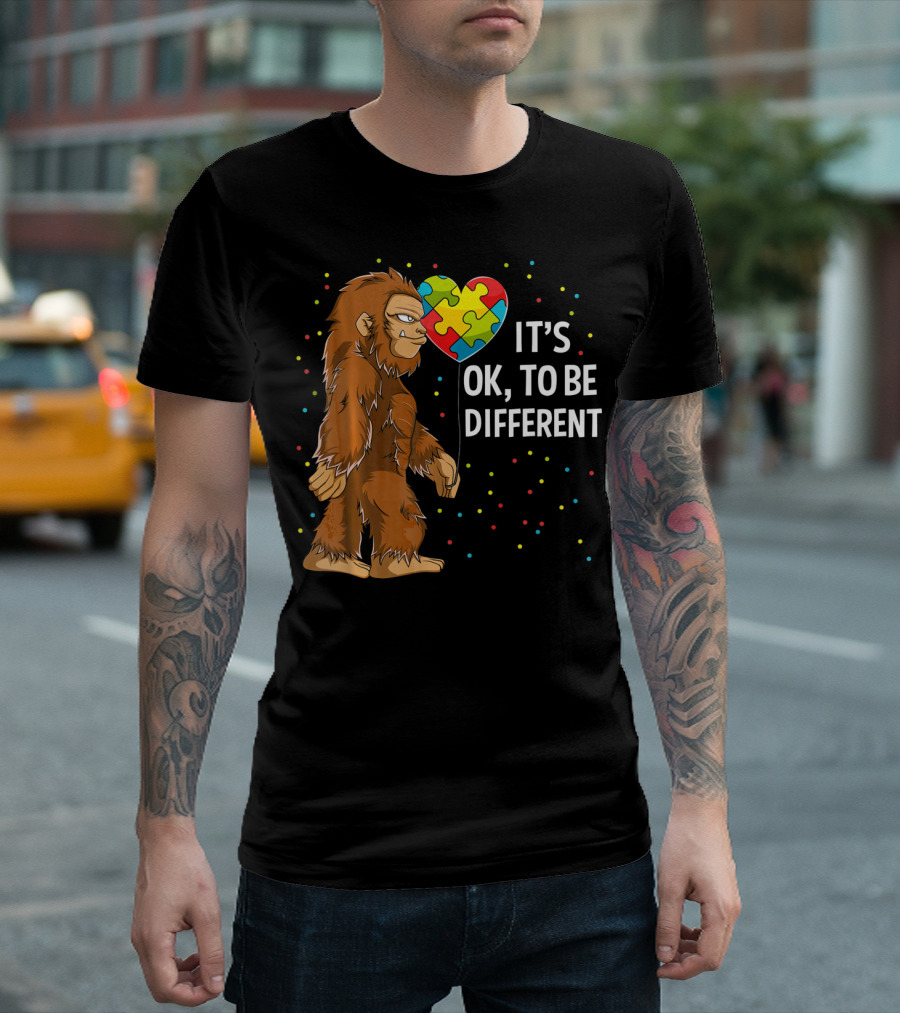 Autism Awareness Bigfoot Heart Puzzle It's OK To Be Different T-Shirt