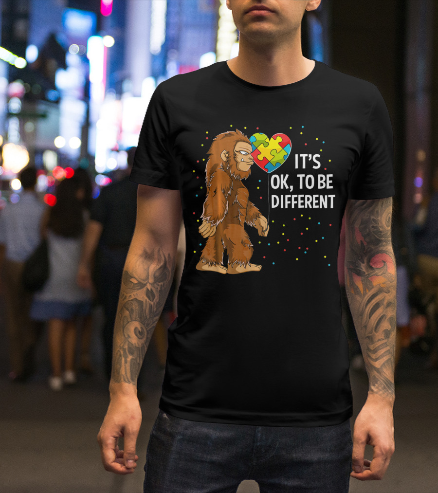 Autism Awareness Bigfoot Heart Puzzle It's OK To Be Different T-Shirt