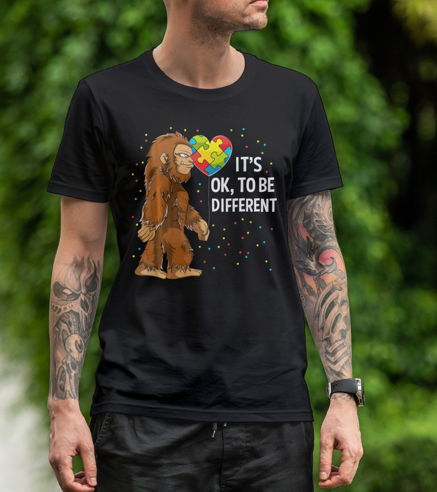Autism Awareness Bigfoot Heart Puzzle It's OK To Be Different T-Shirt