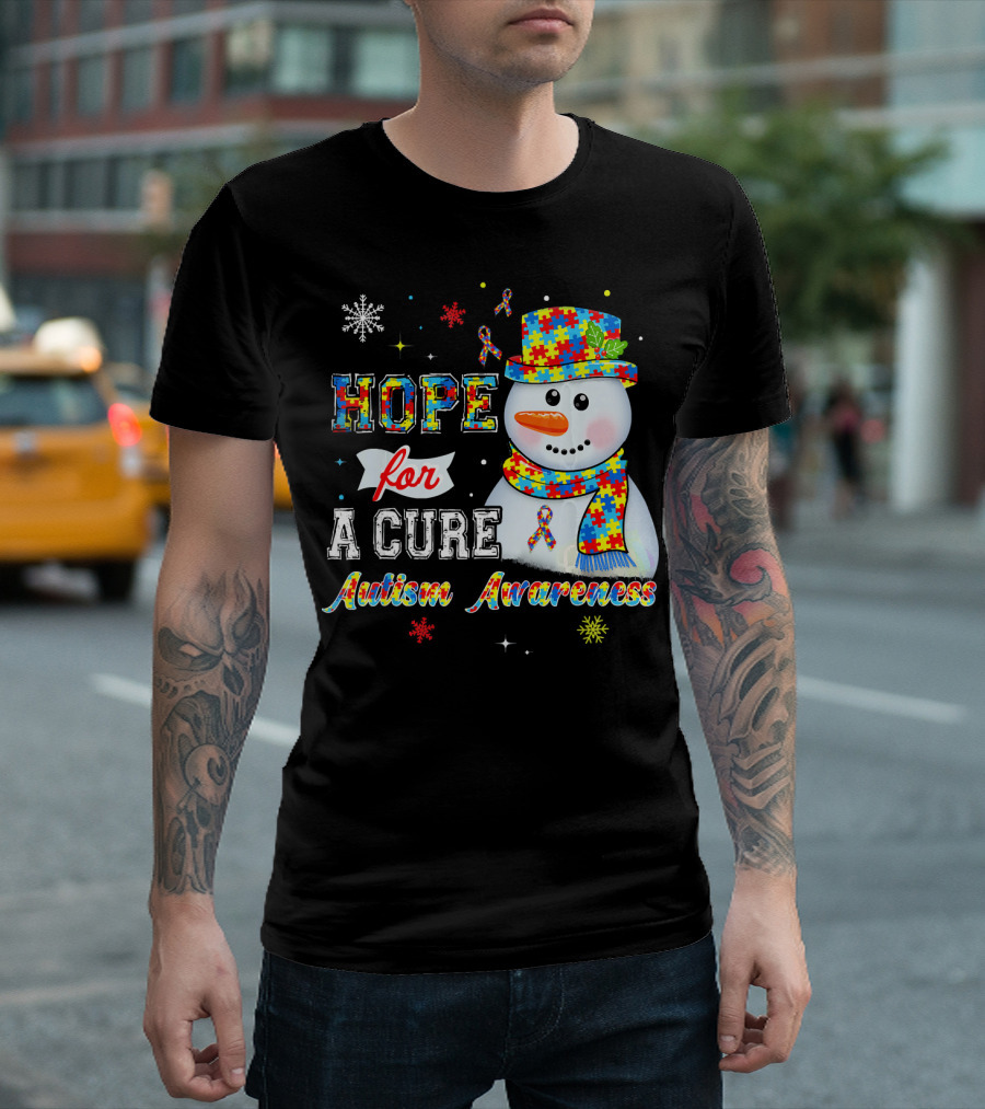 HOPE FOR A CURE Autism Awareness Snowman Puzzle T-Shirt