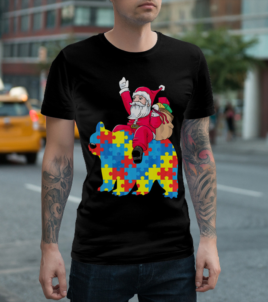 Santa Claus Riding Puzzle Piece Bear Autism Awareness T-Shirt